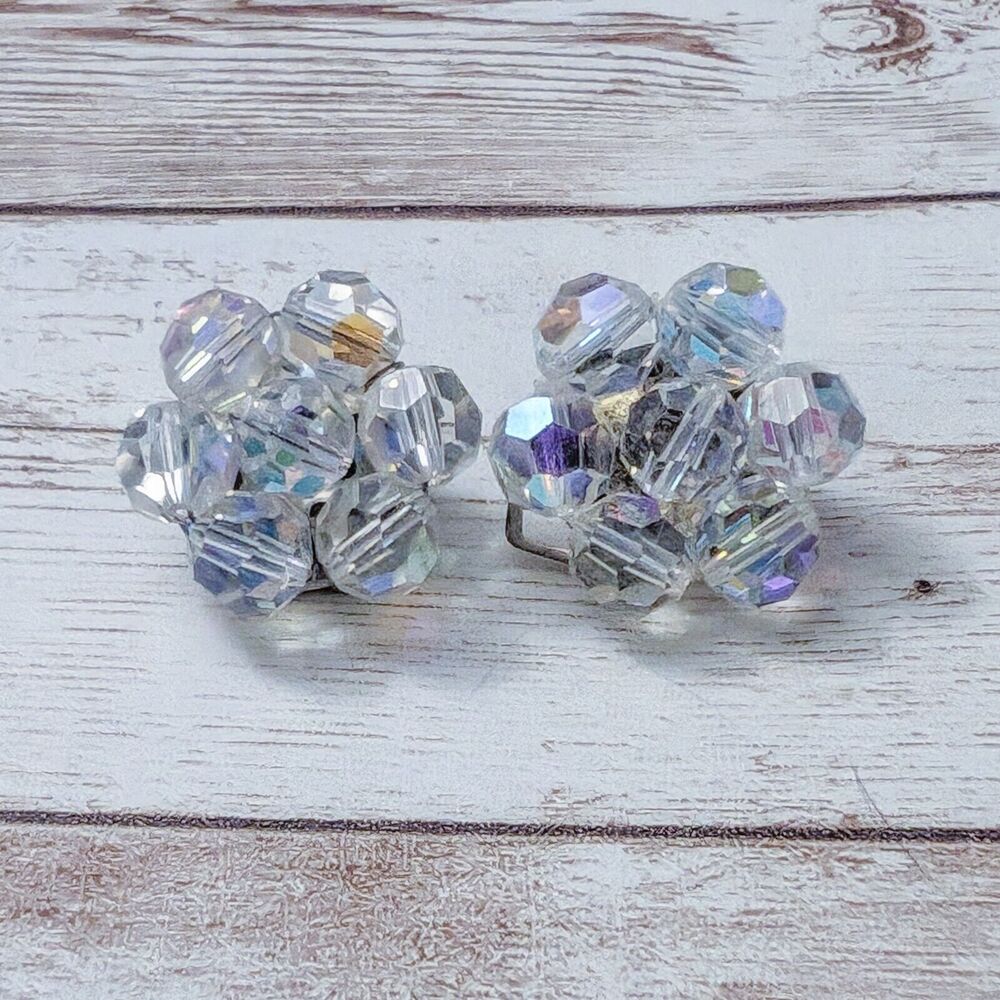Vintage Clip On Earrings - Iridescent Flower Shape Cluster 7/8"